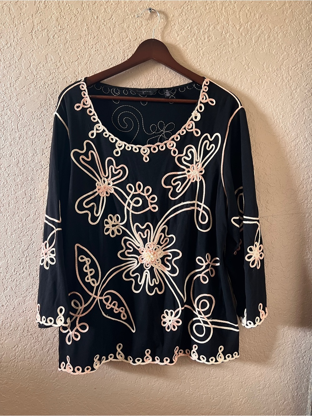 Investments II Black Tunic 2X with Cream & Pink Floral Embroidery Boho Plus Size